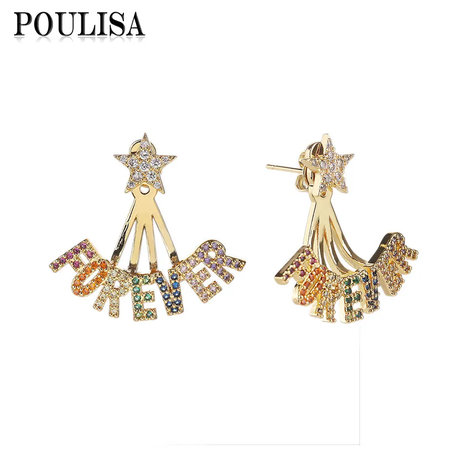 

Poulisa Unique Colorful FOREVER Letter Jacket Earrings for Women Anniversary Gift Star CZ Earrings Stud Piercing Charm Jewelry