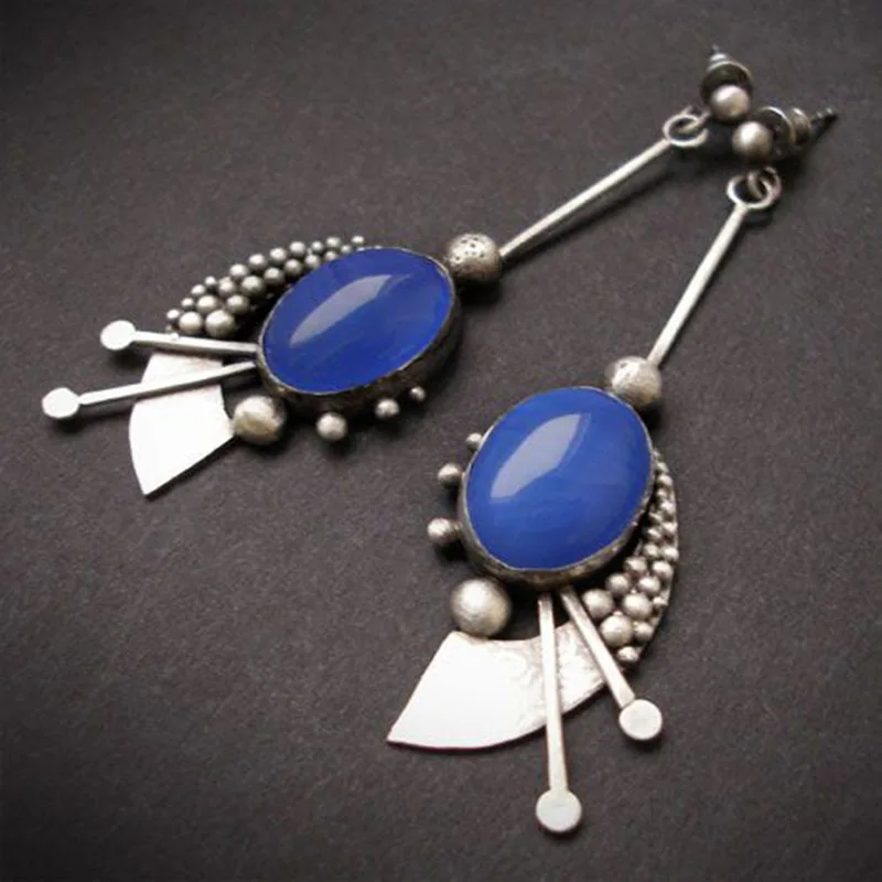 

Elegant Lady Geometric Round Lapis Lazuli Long Navy Blue Earrings A Pair/Set
