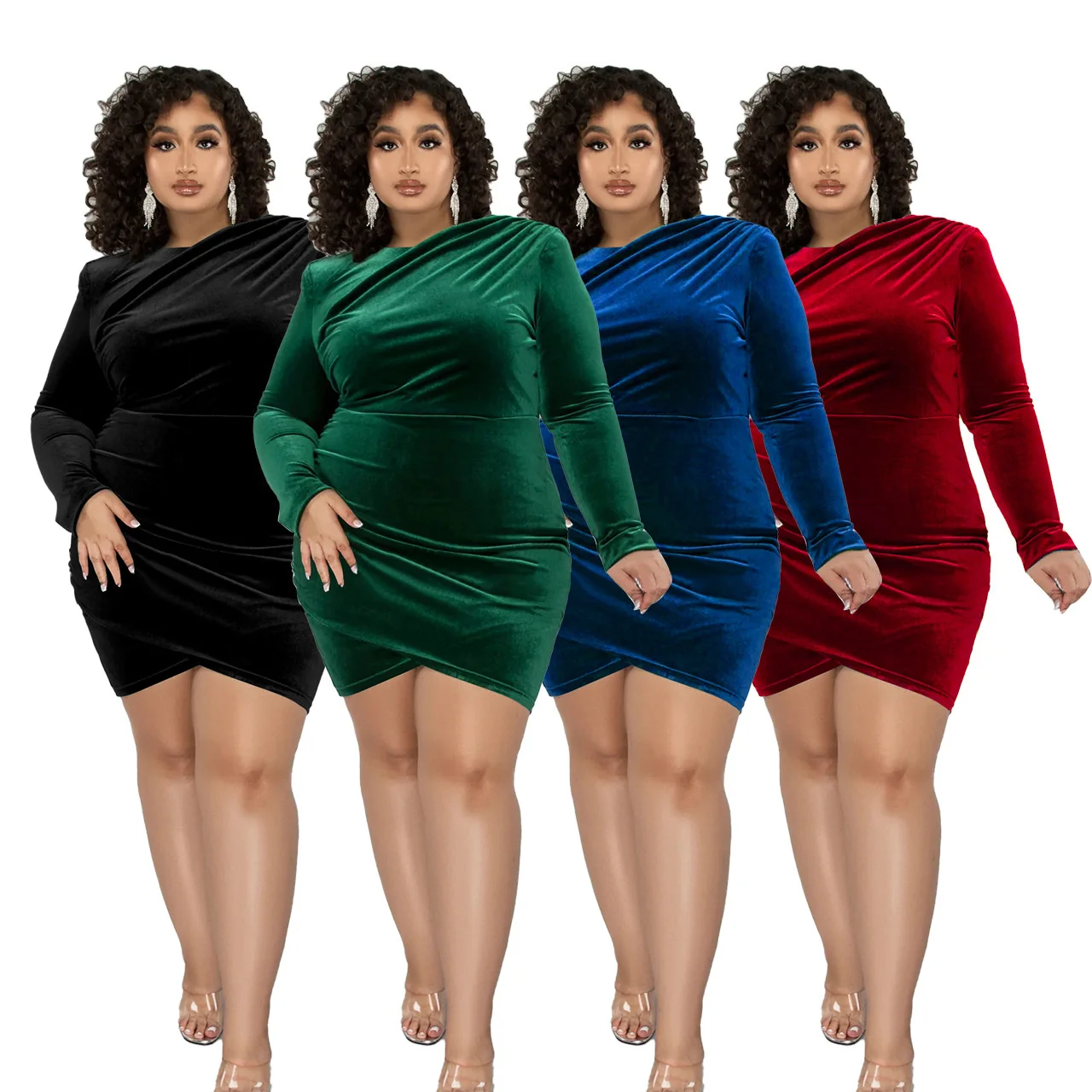 Women Plus Size Elegant Dresses 2023 Spring Casual Solid Color Pleated Daily Large Size Dress Fashion Long Sleeve Party Dresses