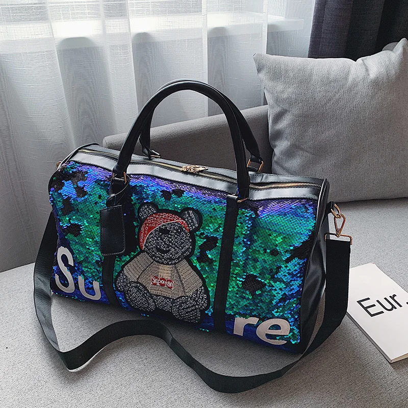 

Pu Sequin Bear Color Change Large Capacity Yoga Fitness Bag Travel Luggage Bag Luxury Bags for Women Free Shipping Shoes for Men