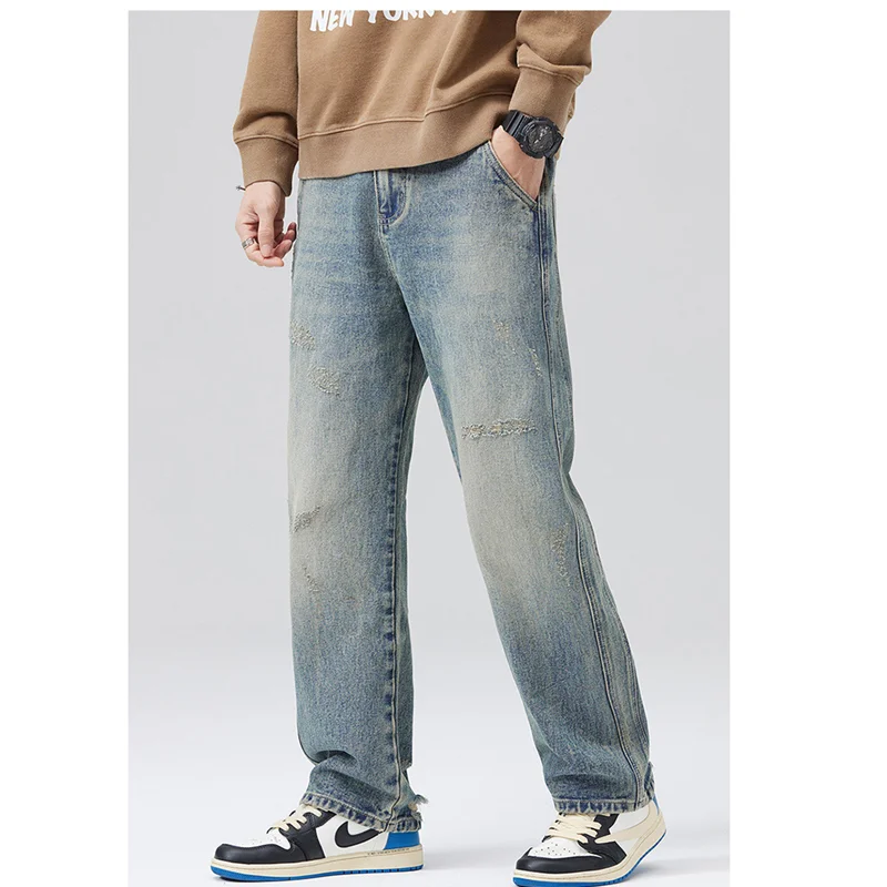 Streetwear Men Large Loose Broad Leg Blue Jeans Autumn and Winter New Pattern Falling Feeling Mopping The Floor Trousers Female