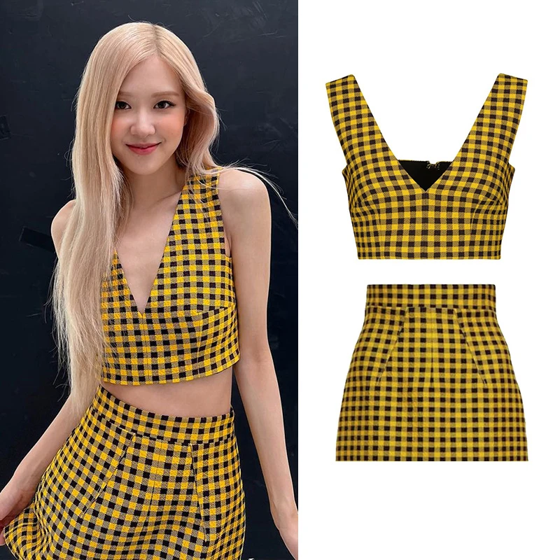 

Yellow Plaid Vest Skirts Cheerleader Performance Dance Costumes Women'S Group Stage Outfit Jazz Hip Hop Festival Clothes XS4372