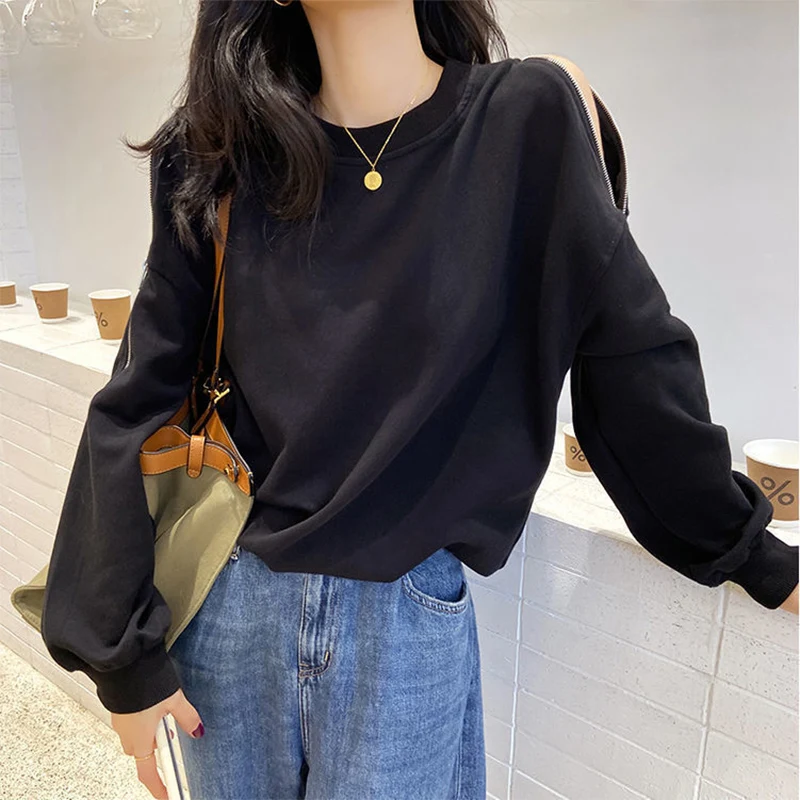 

Spring Autumn Casual Fashion Round Neck Zipper Off Shoulder Sweatshirt Women Long Sleeve Solid Jumpers Personality Pullover Top