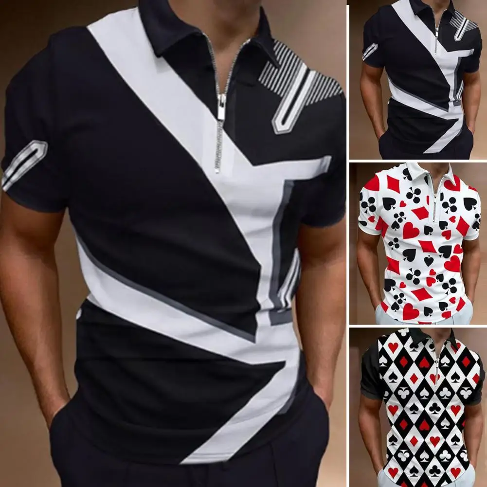 

Summer Men Polo Shirt Patchwork Short Sleeve Zipper Decoration Patchwork Poker Printing Business Casual Top Pullover for Work