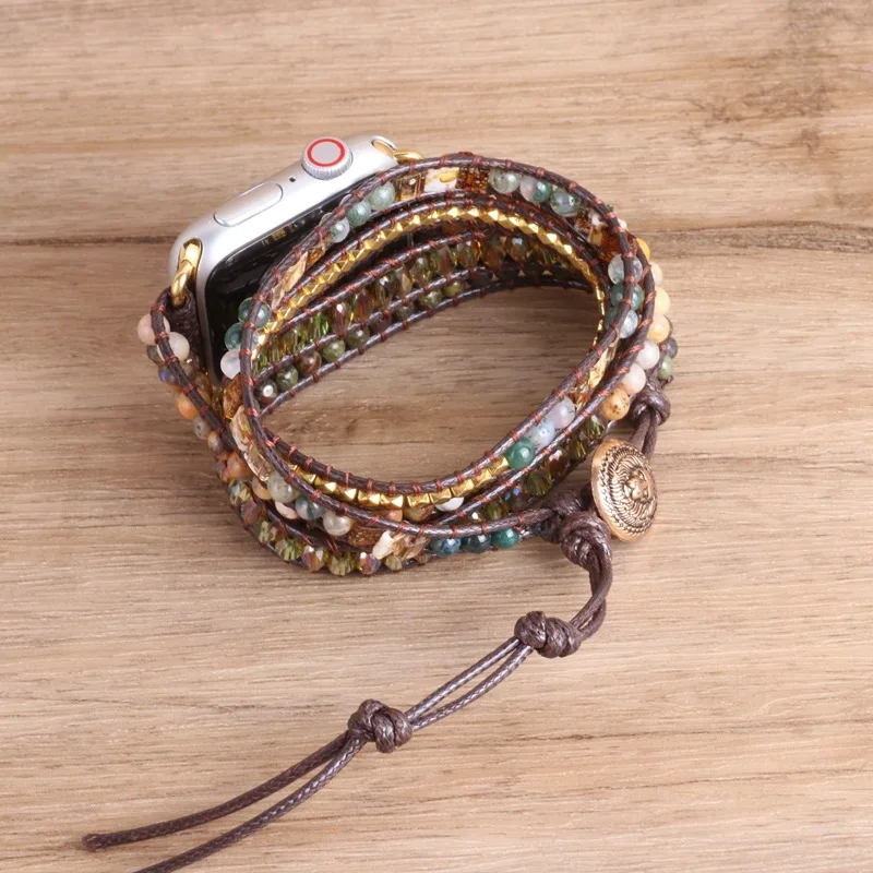 2022 New Vintage Handmade Woven Rope Watch Band for Apple Watchbands Bohemia Natural Stone Wristband Bracelets for Iwatch Series