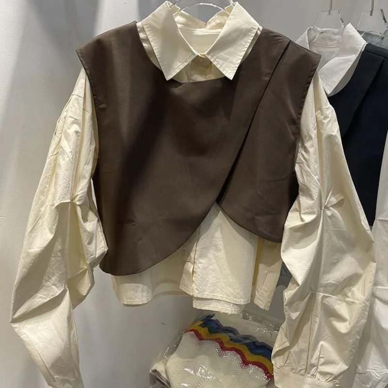 

EBAIHUI корейский винтажный нестандартный жилет короткая рубашка Женская Осенняя Новая женская тонкая имитация двух предметов