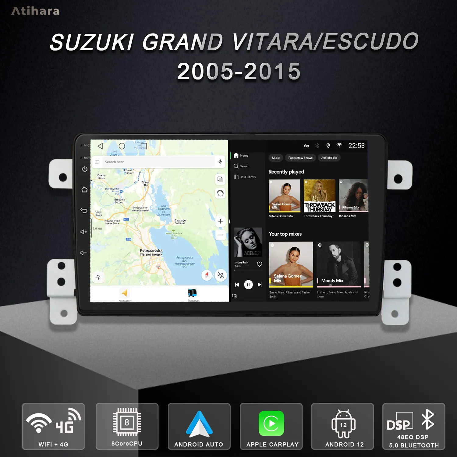 Atihara 9-дюймовый 2-диночный Android автомобильный радиоприемник Carplay мультимедийный
