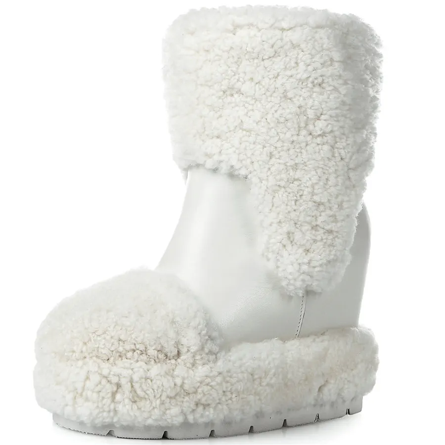 Winter Warm Fur Pumps Women Genuine Leather Wedges High Heel Snow Boots Female High Top Round Toe Fashion Sneakers Casual Shoes