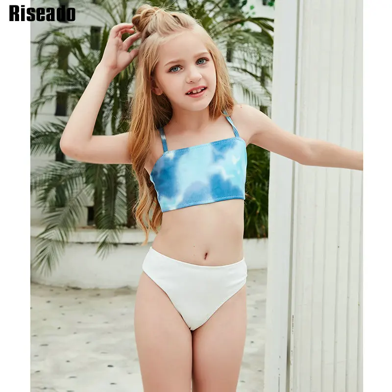 

Riseado Tie Dye Bikini Swimsuit 2022 New Cute Swimwear for Girls Strap Bikini Set Mid Waist Swimming Suit for Children 6-14 Year