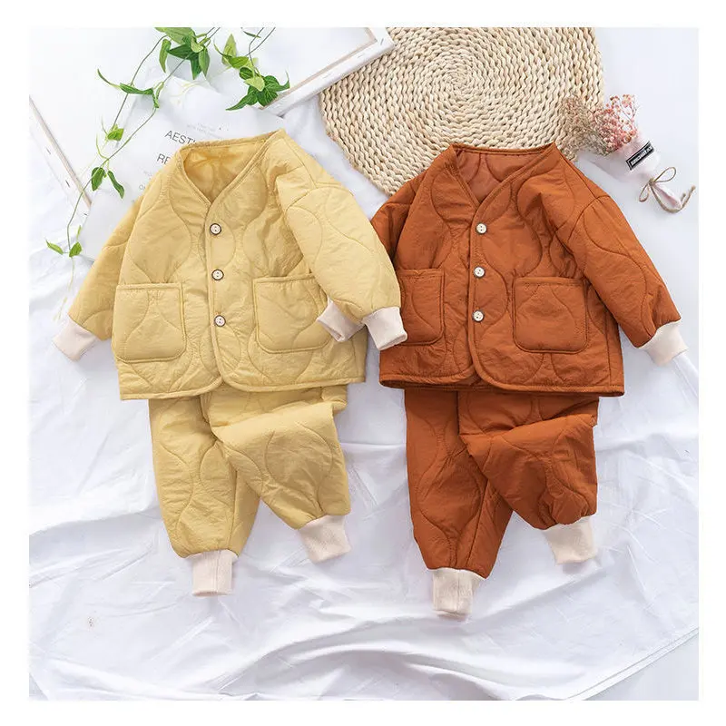 

Winter Cute Girls Quilted Warm Clothes Sets Kids Boys Thicken Pullover and Thick Pants 2pcs Sets Boy Warm Suit for Kindergarten