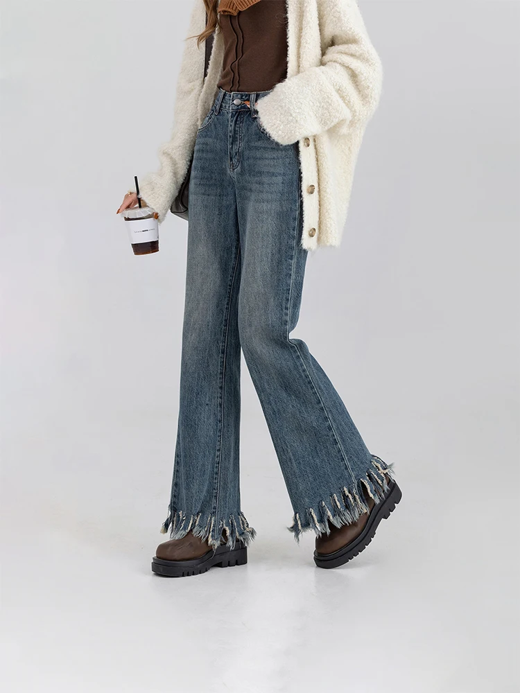 

Женские джинсовые расклешенные брюки Harajuku, свободные брюки с широкими штанинами и бахромой, уличная одежда синего цвета в стиле ретро, женские джинсы с высокой талией