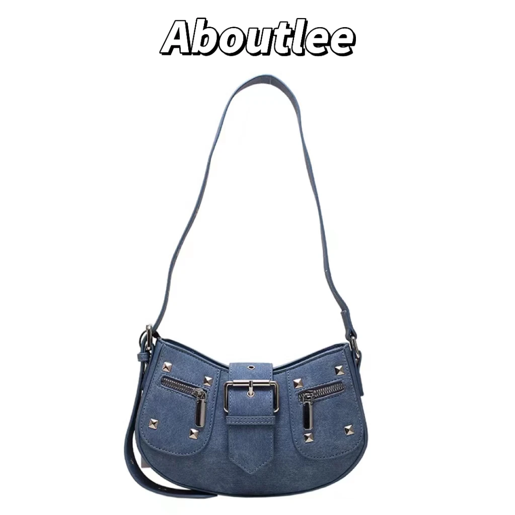 

Aboutlee Punk Style Studs Decorated Saddle Bags Fashion Brand Solid Color Trend Shoulder Bag High Quality New Simple Women Purse