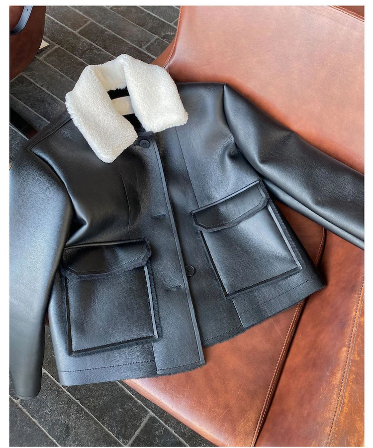 Clothland Women Thick Black PU Leather Jacket Pockets Long Sleeve Single Breasted Autumn Winter Chic Coat Tops CA467