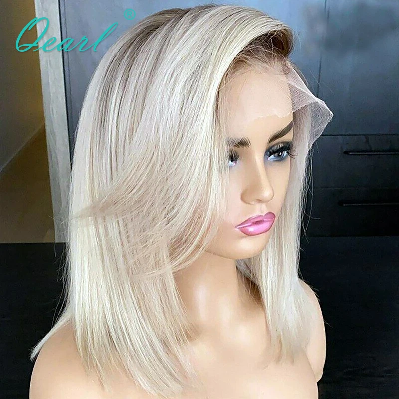 Lace Frontal Wigs Ash Brown Roots with Light White Blonde Human Hair Lace Front Wig 13x4 Cheap Short Bob Wig Glueless 150% Qearl