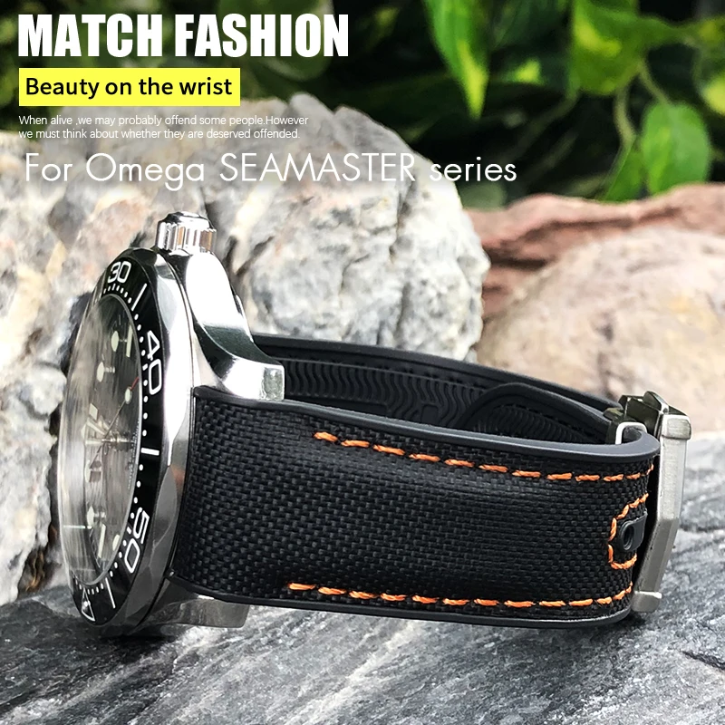 Фото Новый двухцветный ремешок для часов подходит для Omega Planet Ocean Seamaster, резиновый силиконовый нейлоновый кожаный ремешок для часов 19 мм, 20 мм, 21 мм, 22 мм №1