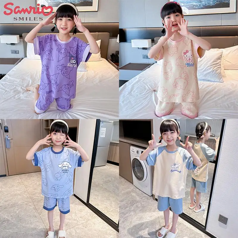 

Kawaii Summer Sanrio Hello Kitty Kuromi Cinnamoroll T-Shirt Shorts Pajamas Set Cute Pullover Loose Sports Home Wear Girl Gift