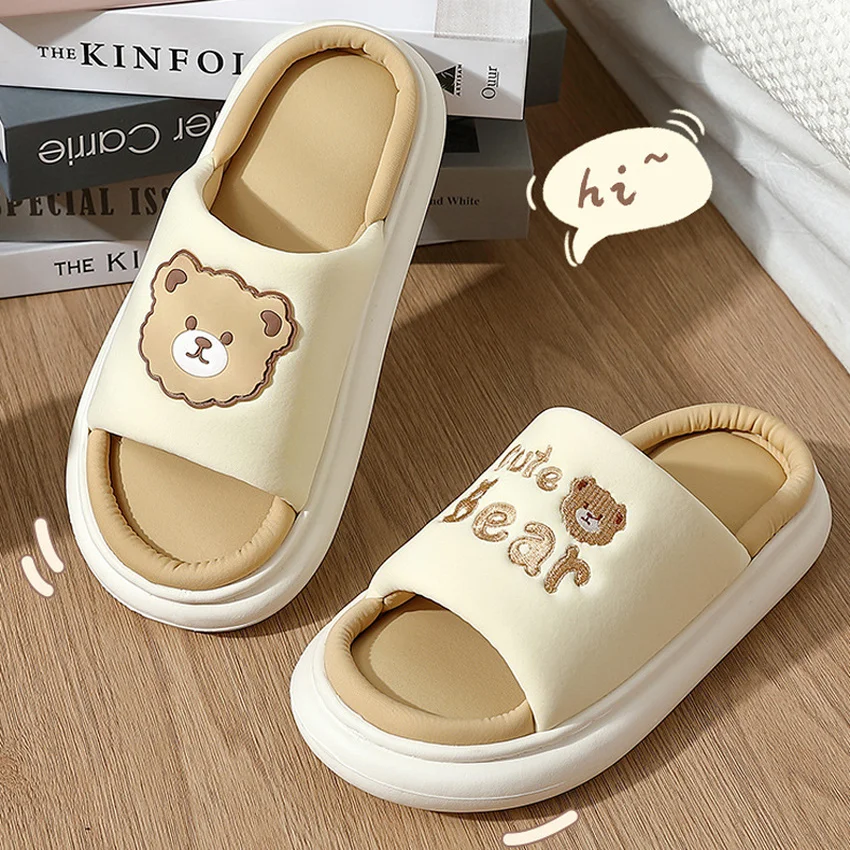 House Slipper Home Women Teddy Dear Linen Flax Indoor Soft Sole Non Slip Anti Skid Slides Female Spring Autumn Ladies Shoes Flat