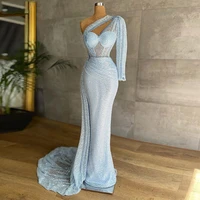 glitter mermaid prom dress for women long sleeve one shoulder sexy prom gown 2022 illusion draped sequins sexy party dresses
