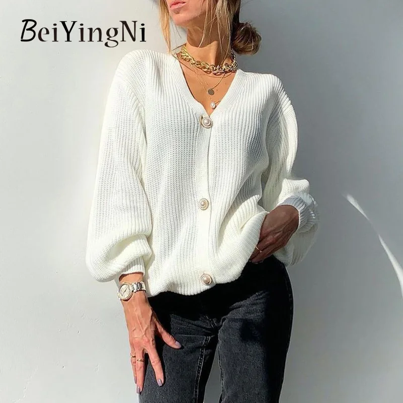 

Beiyingni 2022 Autumn Winter Women's Cardigan Single-breasted V-neck White Female Sweater Casual Loose Casual Knitting Long Tops