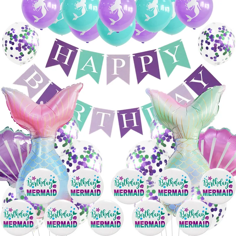 

JOLLYBOOM Mermaid Theme Party Balloon Set Happy Birthday Banner Fishtail Foil Balloon Mermaid Brooch for Birthday Party Supplies
