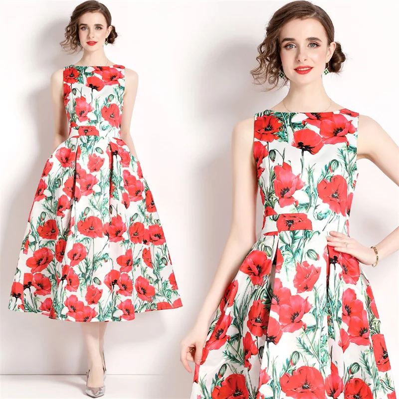 

Elegant Simple A-line Women Leisure Summer Dress High Slim Waist Feminino Occident Big Flower Printed Vacation Camisoles Vestido