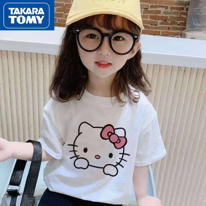 

TAKARA TOMY 100% Cotton Breathable Children Short Sleeve T-Shirt Girls Summer Cute Cartoon Hello Kitty Print Half Sleeve Top