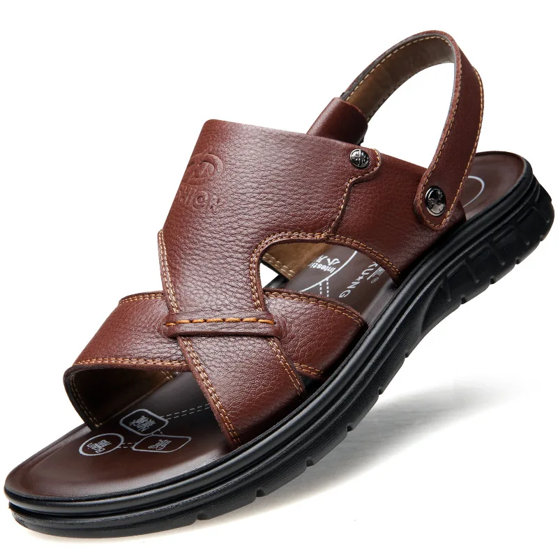 Сандалии мужские кожаные Нескользящие Повседневные Удобные дышащие шлепанцы