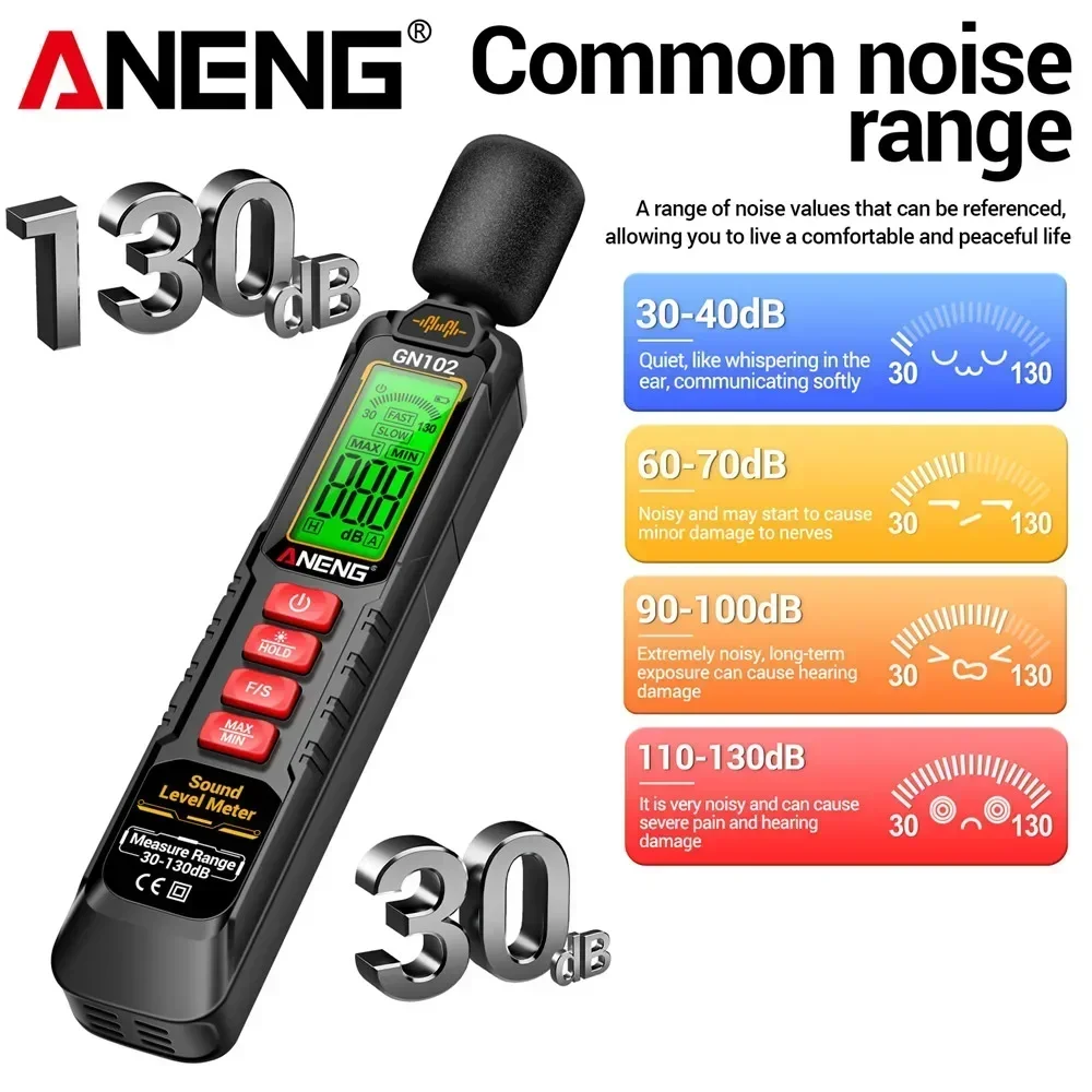 Фото Цифровой измеритель уровня звука ANENG GN102, 30-130 дБ, портативный измеритель уровня шума, измеритель децибел, инструмент для измерения шума. №3