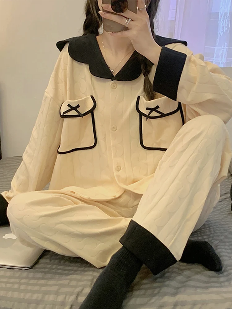 Pure Cotton Pajamas for Women Spring Autumn Winter Simple 2023 New High Sense Long sleeve Casual Solid Homewear Set