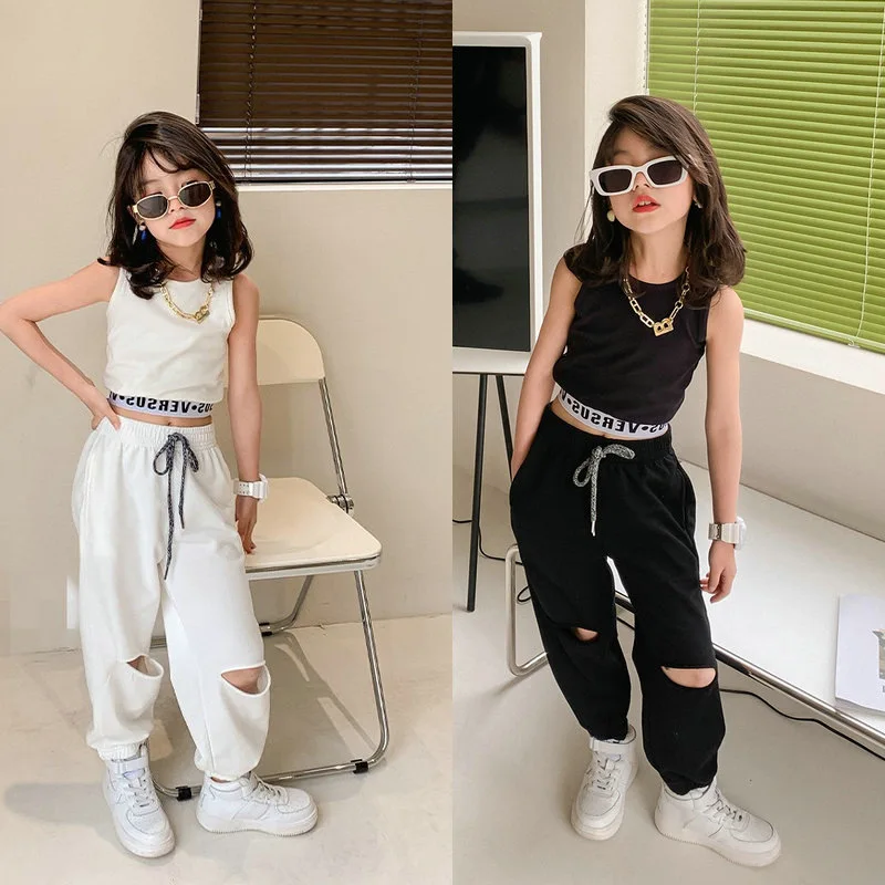 

Summer Kids Baby Girls Cool Fashion Sleeveless Tops Vest Hole Long Pants Lace Toddler Children Clothes Sets 2pcs 2-7Y