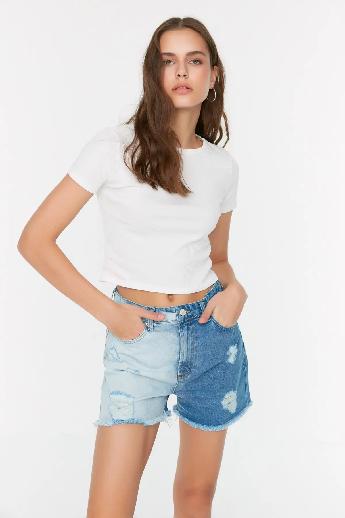

Women's Shorts Blue Color Block Ripped Detailed Denim New Summer Bermuda Basic Short Pants Mini Trousers