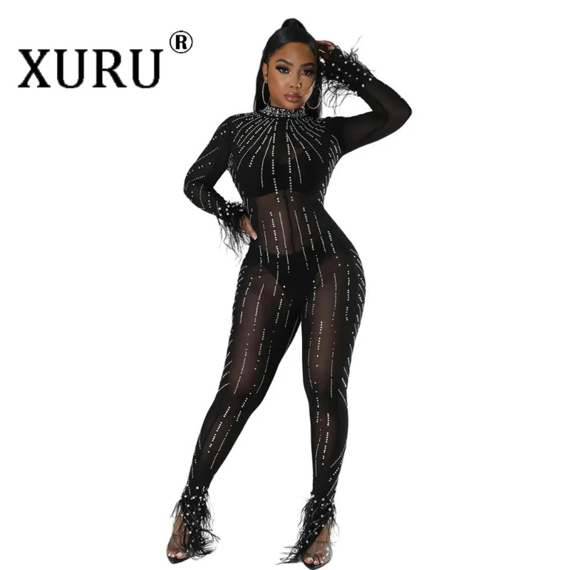 XURU New European and American Women's Hot Diamond Jumpsuit, Sexy Party Perspective Jumpsuit, Nightclub Women's Long Jumpsuit