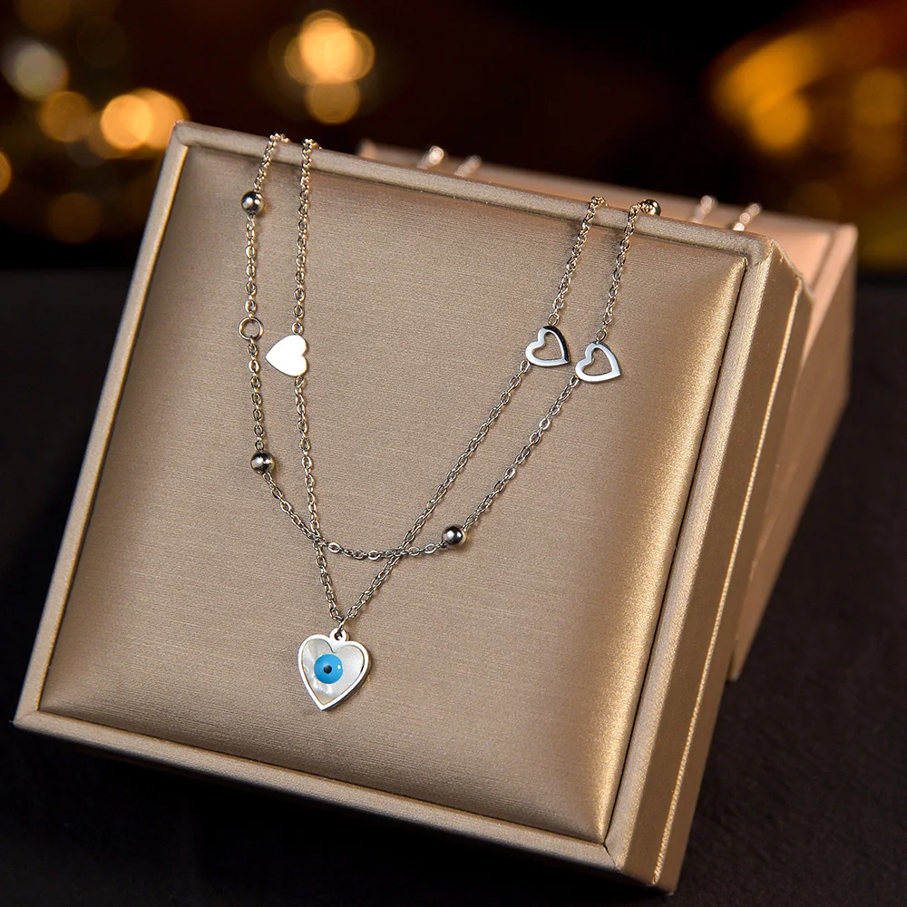 Gold Color Layered Women Necklace Stainless Steel Link Love Heart Pendant Trend Fine Jewelry