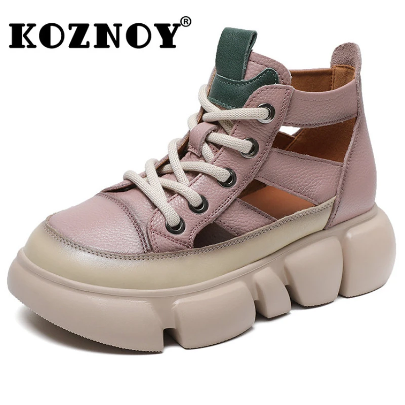 

Koznoy Women Boots 5cm Natural Cow Genuine Leather Breathable Elegant Ankle Platform Sandals Wedge Slides Hollow Summer Shoes
