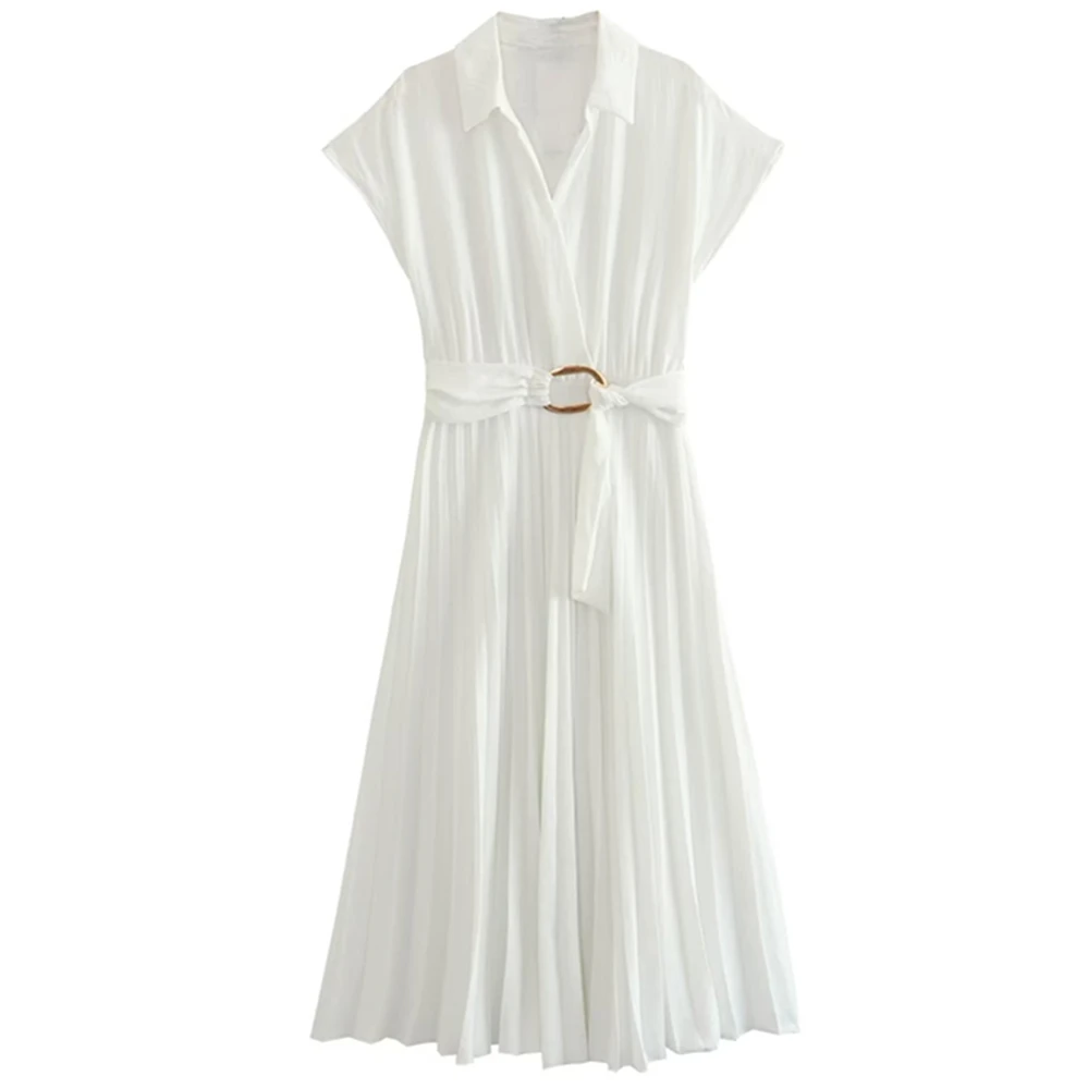 

Maxdutti French Office Commuting Summer Dress White Midi Dress Women Fashion Ladies Elegant Pleated With Belt
