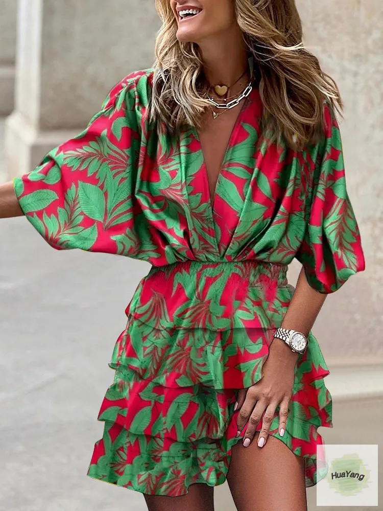 

HuYang Deep V-Neck Women Printed Mini Dress Patchwork Three Quarter Sleeve Spring Autumn Simple Holiday Ladies Dress