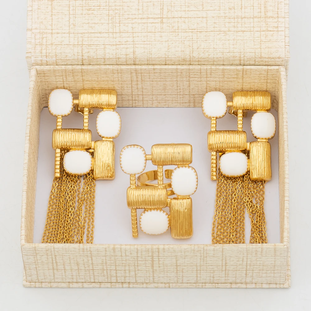 

Luxury Earrings and Ring Set for Women Geometry Design Stone Earrings and Resizable Ring Set for Weddings Bride Birthday Gifts