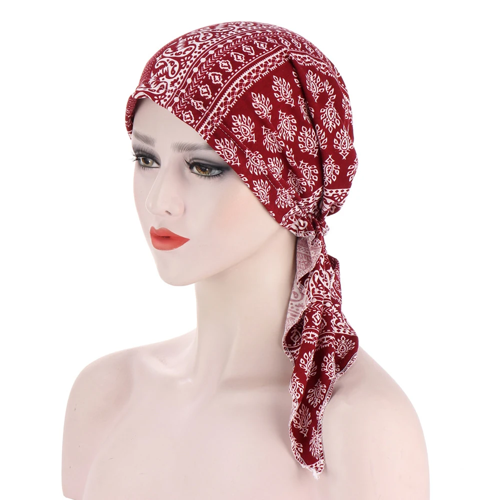 

Pre-Tied Women Muslim Hijab Strech Cancer Chemo Flower Print Hat Turban Cap Cover Hair Loss Head Scarf Wrap Head Bandana Beanies