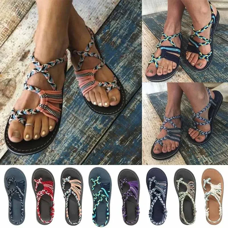 

Roman Summer Shoes Woman Sandals Color Matching Rope Knot Beach Toe Sandals Fashion Comfortable Women Plus Size Shoes 35-43