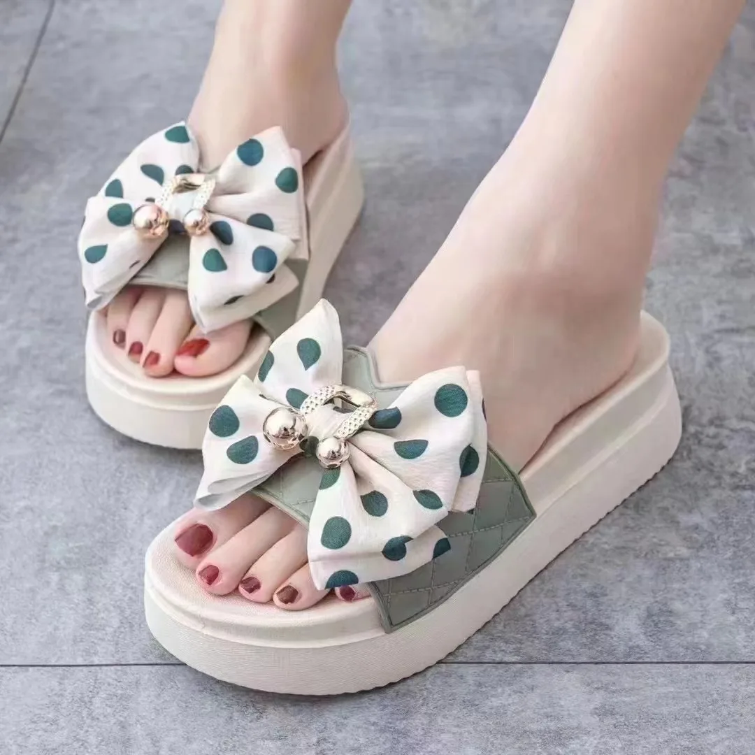Women Bow Summer Sandals Slipper Indoor Outdoor Beach Shoes Summer Women's Shoes Flip Flops on The High Platform Flat Shoes
