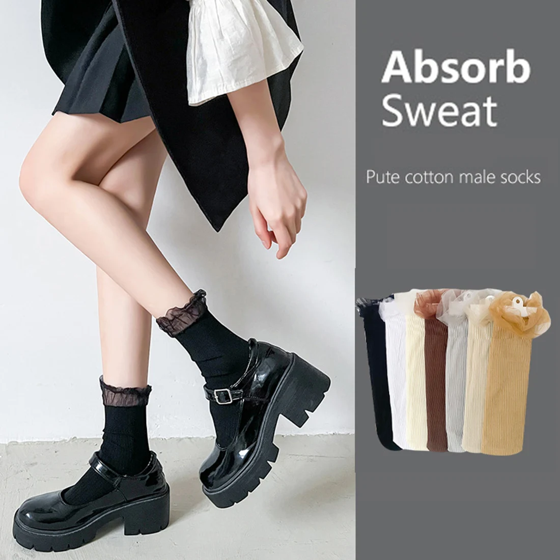 

Women Socks Lolita Style Japanese Cute Frilly Ruffle Sock Breathable Solid White Black Mesh Lace Girls Sweet Harajuku Short Sock