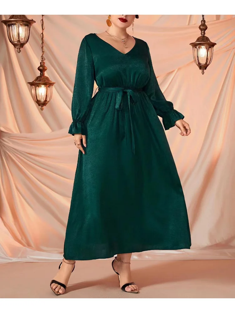 Large size solid colo new elasticated waist slim dress women's wear long sleeve plus size women clothing party dresses