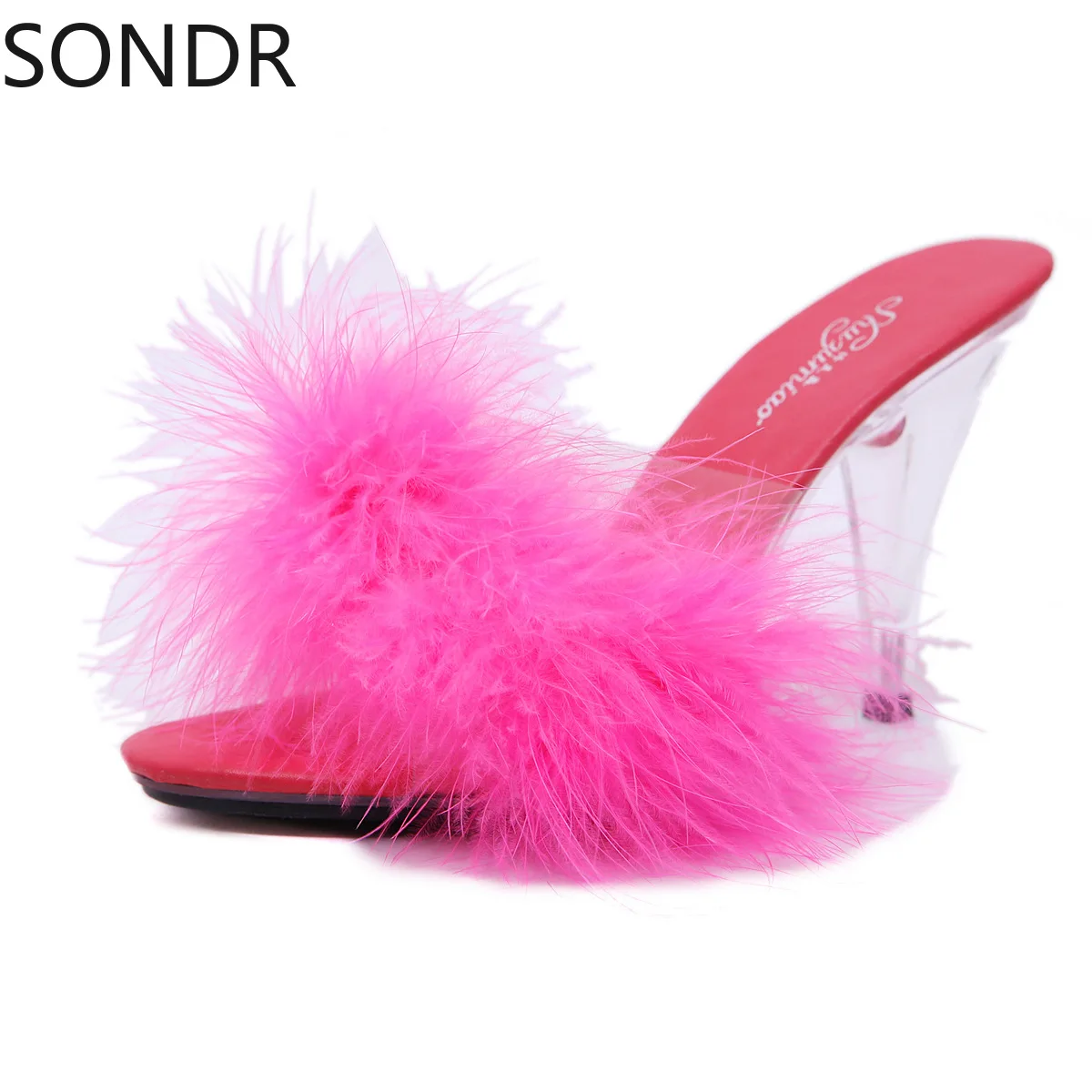 

US4-11 Women Clear Transparent Open Toe Stilettos Pumps Slingback Crystal Faux Fur Colorful Shoes Sexy 5Colors Plus Size