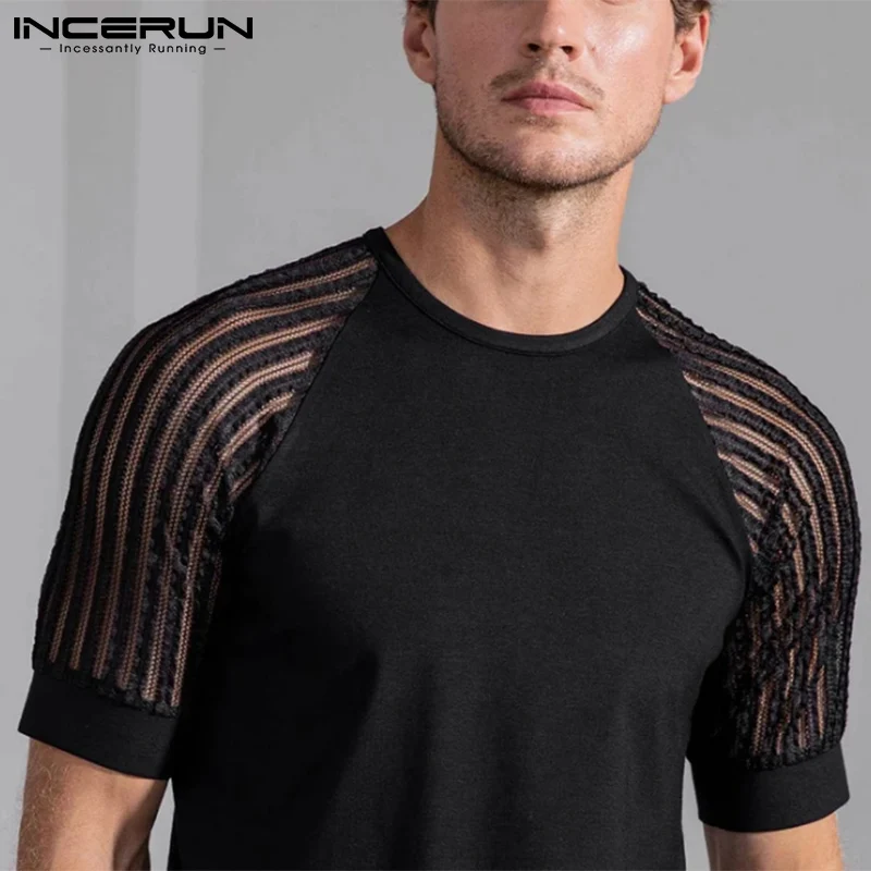 

Fashion Casual Men's Raglan Sleeve Camiseta Stylish Male Stitching Breathable Mesh Round Neck T-shirts S-5XL INCERUN Tops 2022