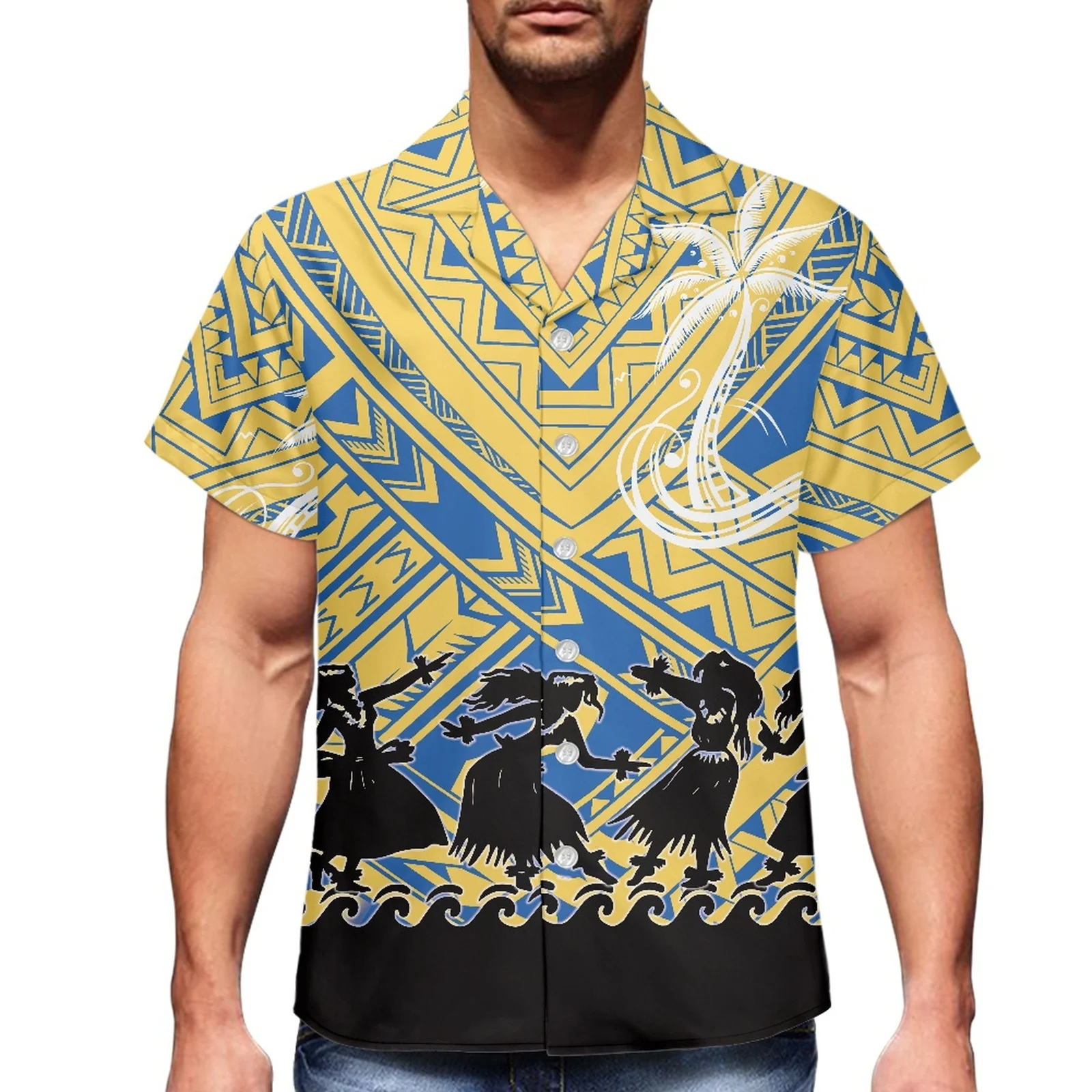 Dancers Traditional Tribal Print Polynesian 2023 Summer Men's Wear Hawaiian Sport Shirt V-Neck Men's Short Sleeve Luxury