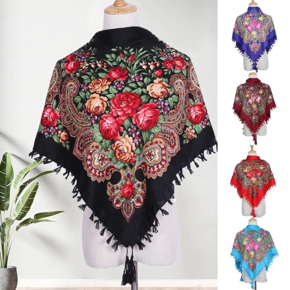 

Women Scarf Tassel Decor Square Soft Scarf Shawl Windproof Retro Scarf Lady Autumn Winter Ethnic Style Print Cotton Shawl