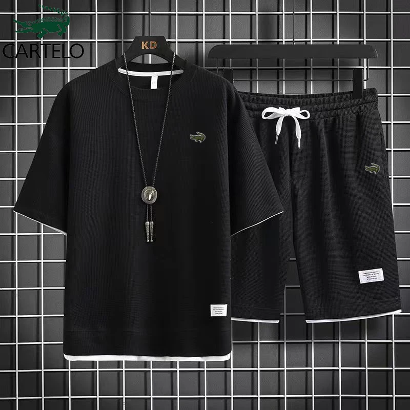 

CARTELO Brand Clothing Summer Couple Clothes Waffle Fabric Casual Sportswear Loose Suit Embroidery T-Shirt Short Two Piece Set