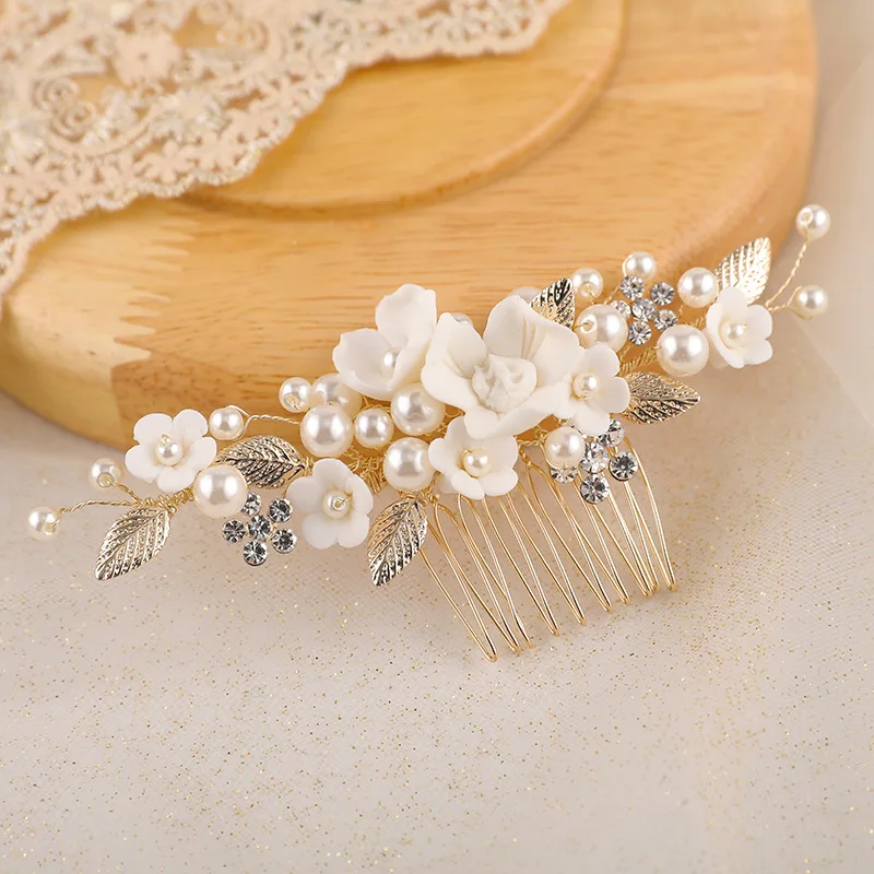 Bridal Comb Porcelain Flower Women Hair Piece Gold Silver Color Leaf Wedding Prom Accessories