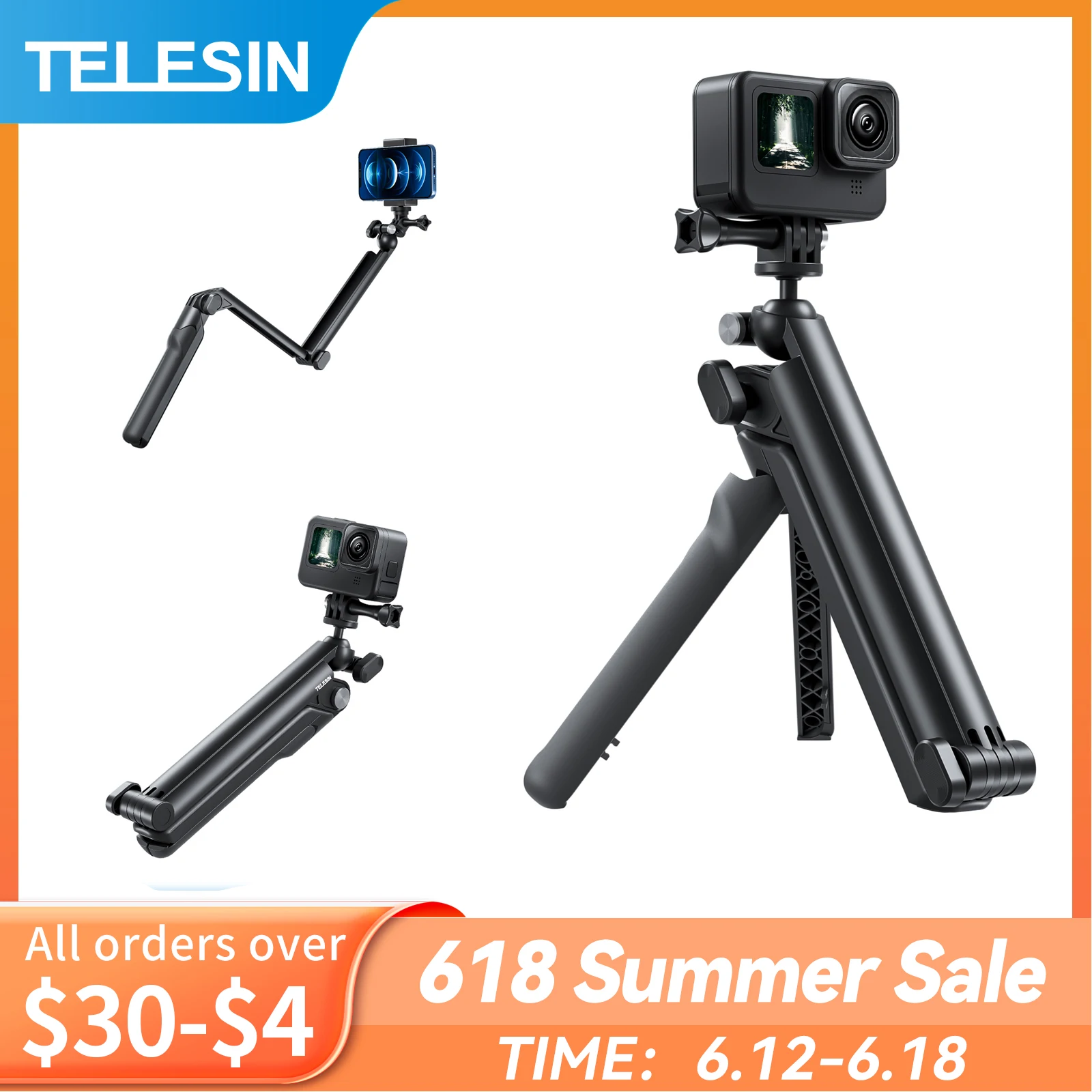 TELESIN 3 ways Selfie Stick with Tripod Hand Grip Pole for GoPro Hero Insta360 DJI Action Smart Phone Action Camera Accessories