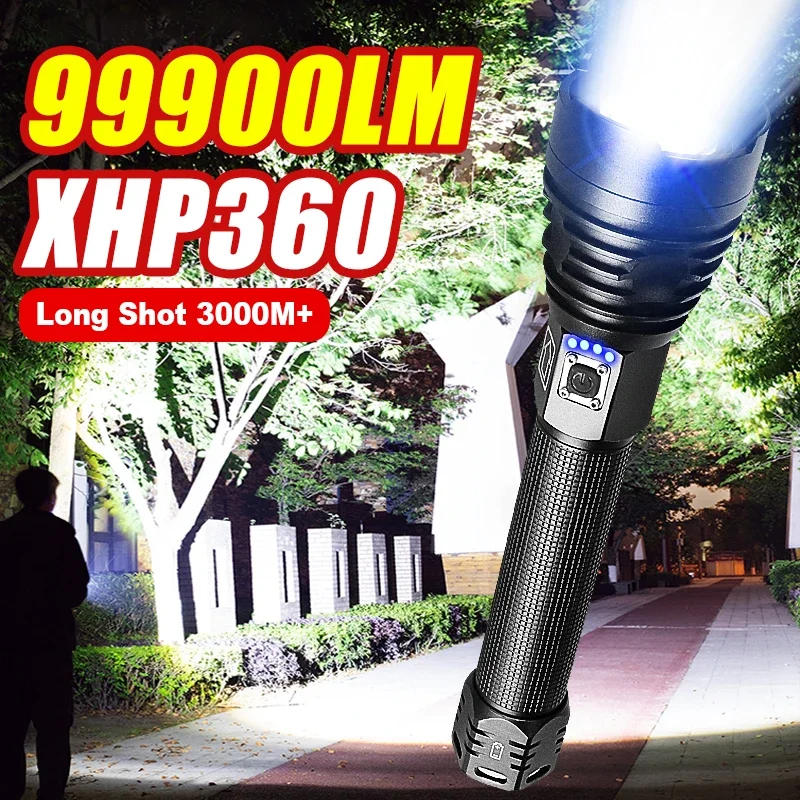

Светодиодный фонарик XHP360, Аккумуляторный Фонарь 18650, Usb, мощная тактическая вспышка, регулируемый охотничий фонарь, водонепроницаемый ручной фонарь